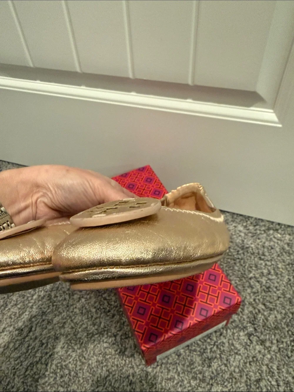 Tory Burch Metallic Rose Gold Minnie travel Ballet Flats size 7.5 - Picture 7 of 8